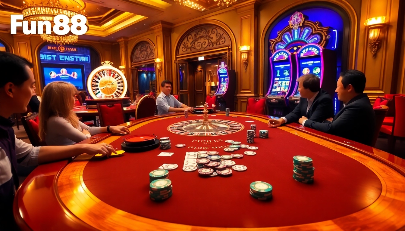 Experience the excitement of Fun88 at a glamorous casino table featuring poker chips and a roulette wheel.