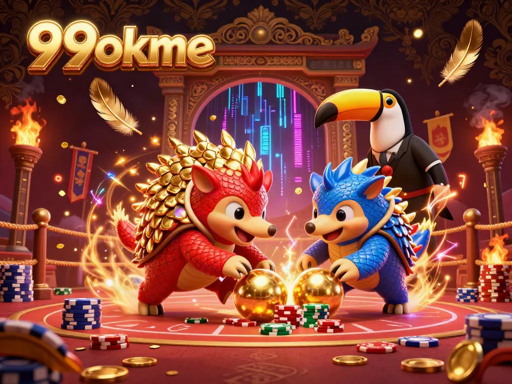 Experience thrilling casino action with 99okme’s vibrant pangolin duel amidst poker chips and colorful confetti.