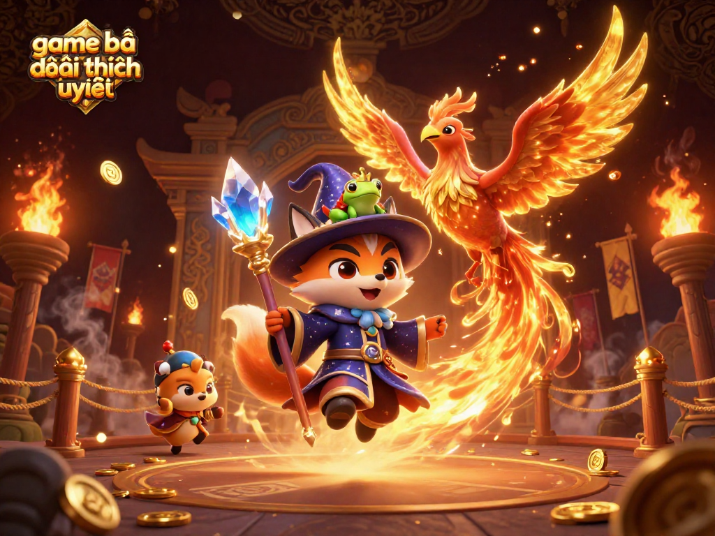 Experience the magic of game bài đổi thưởng uy tín with a mystical wizard fox amidst golden sparkles.