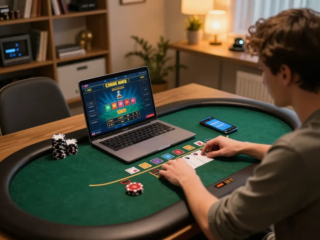 Net88 player engaging in live dealer blackjack at home, showcasing responsible online gambling.