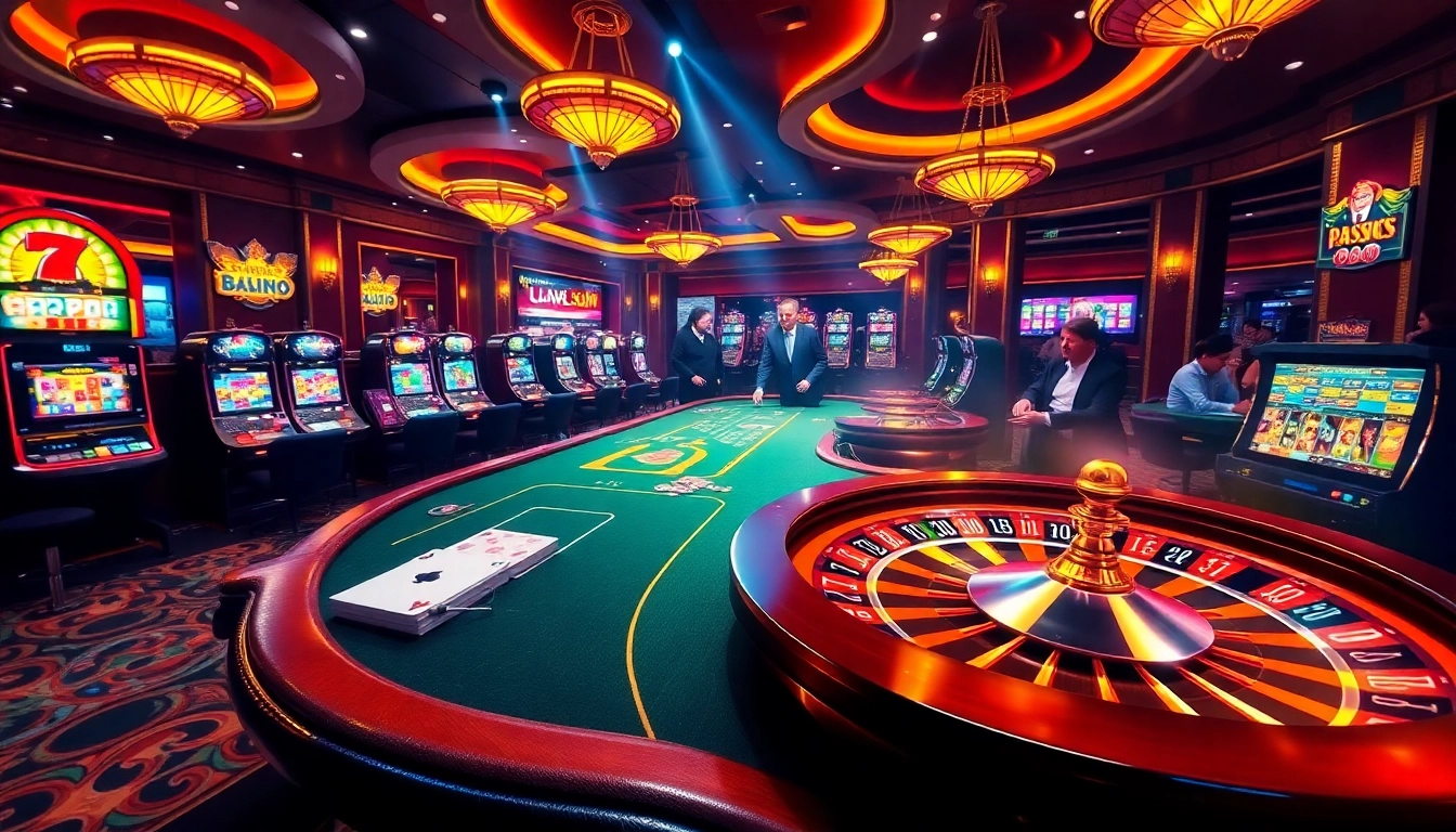 Exciting casino atmosphere showcasing Trang Chủ QQ88 with poker, roulette, and vibrant slot machines.