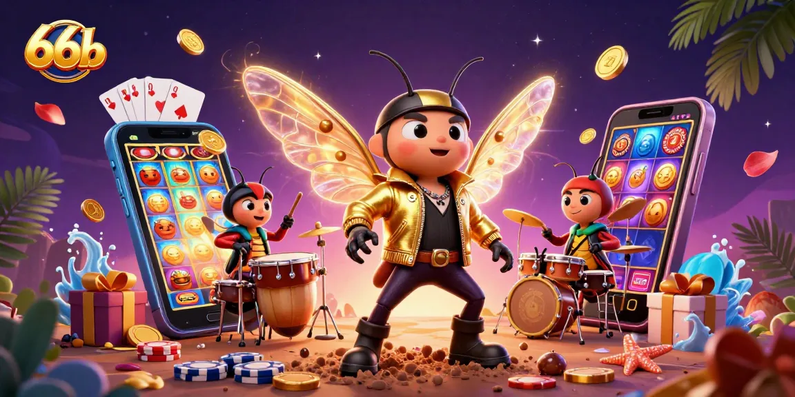 Experience 66b's exciting slot games with vibrant 3D scenes featuring a cicada rock star.