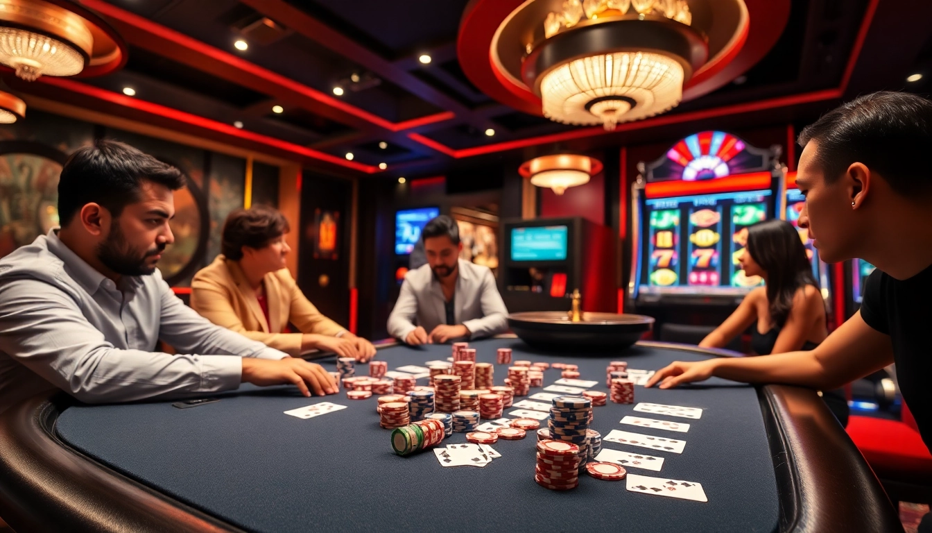 Experience high-stakes gambling at https://mm88.bar/ with poker chips and excitement in a vibrant casino scene.