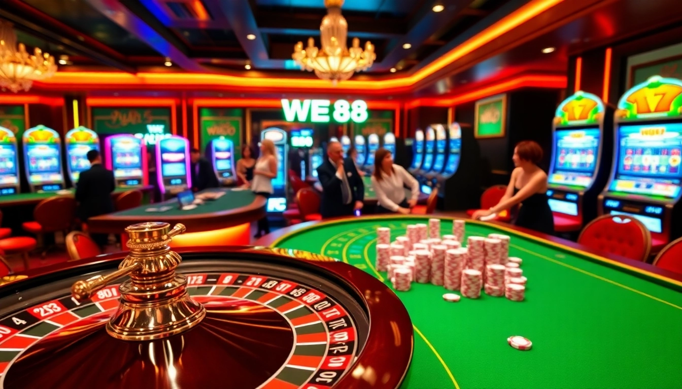 WE88 players enjoying live casino games with vibrant tables and thrilling action.