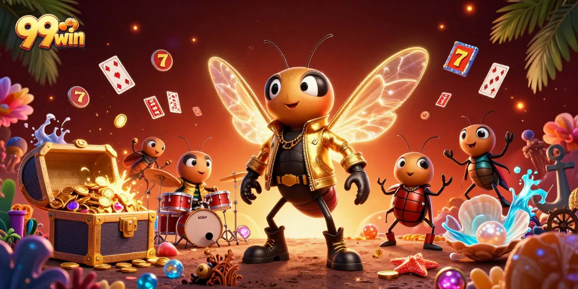 Experience the thrill of 99win games with a vibrant scene of a rock star cicada amidst lively casino elements.