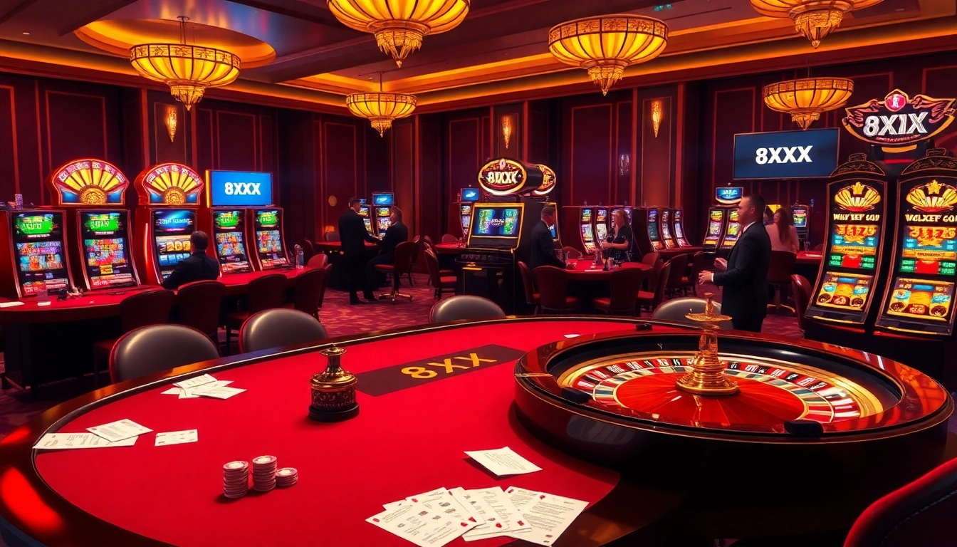 Experience the thrill of 8XX casino gaming with an inviting poker table and vibrant slot machines.