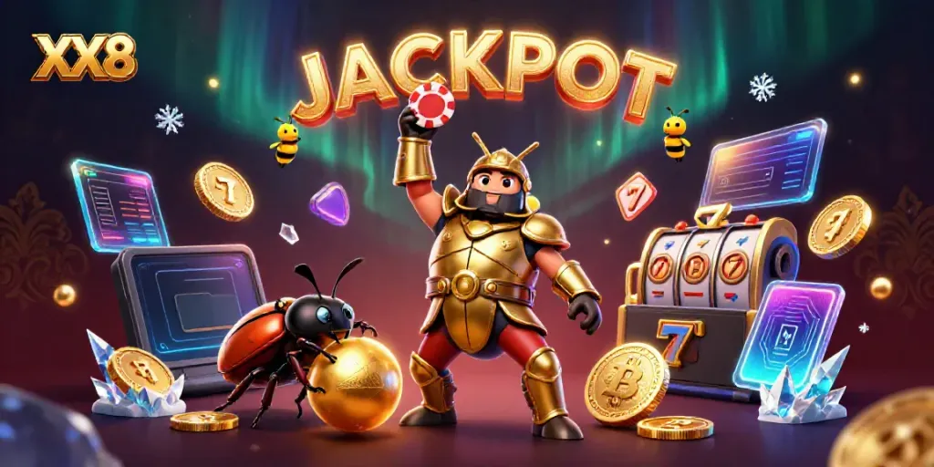 Experience the excitement of XX8 casino gaming with a victorious beetle duo and celebratory scene.