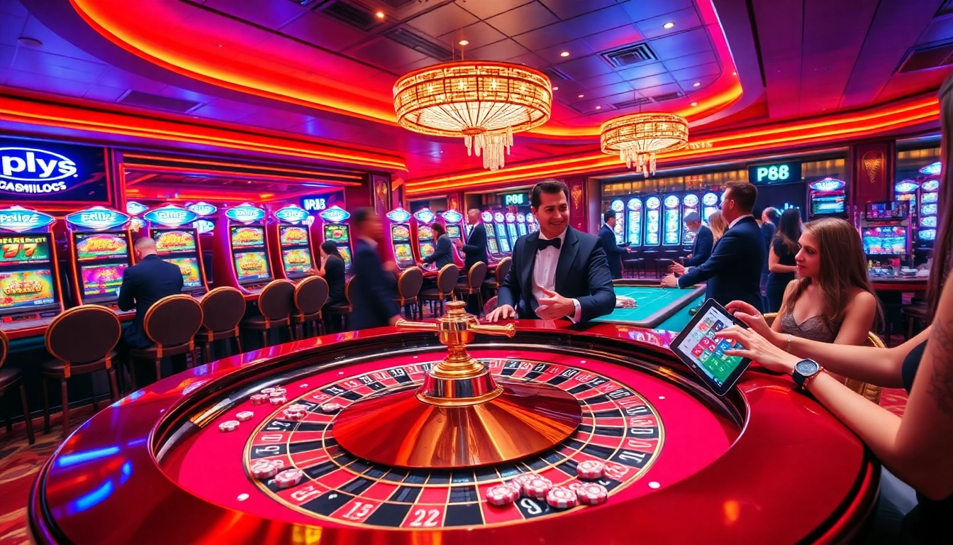 Experience thrilling casino games at pg 88, showcasing luxury and excitement with vibrant roulette and slot machines.