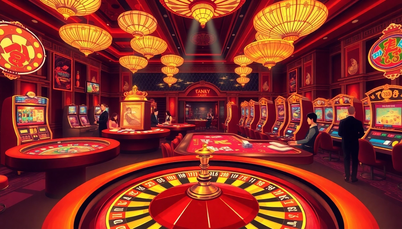 A lively casino scene showcasing a roulette wheel and poker tables that embodies the thrilling atmosphere of trang chủ da88.