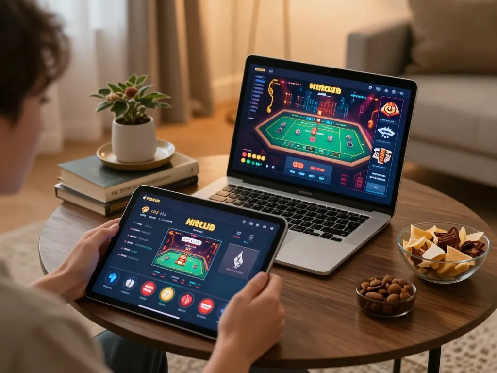 Hitclub user engaging with casino app on tablet in a warm, cozy home setup