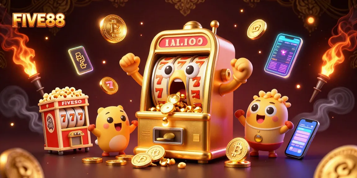 FIVE88 slot machine hits a jackpot, coins flying with cheering mini machines in a vibrant casino scene.