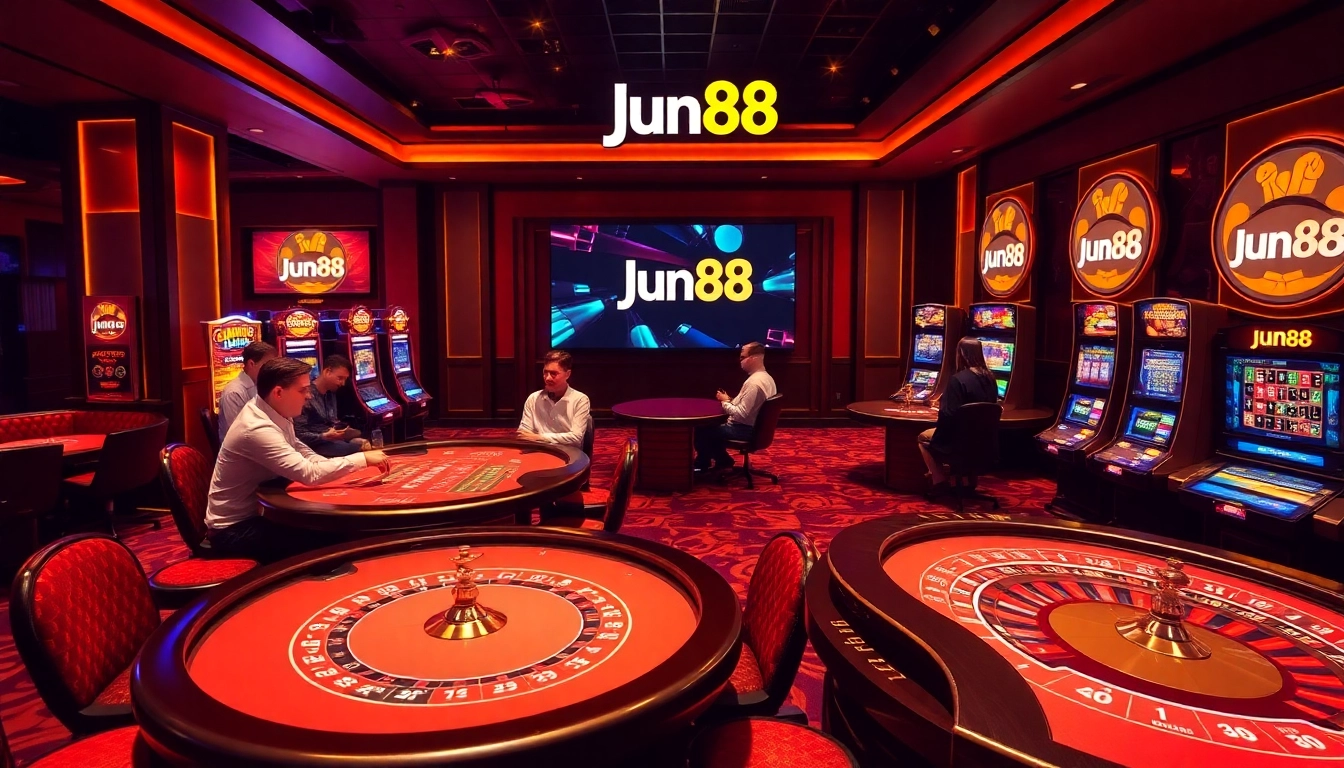 Exciting Jun88 casino scene with poker tables and vibrant slot machines in a luxurious setting.