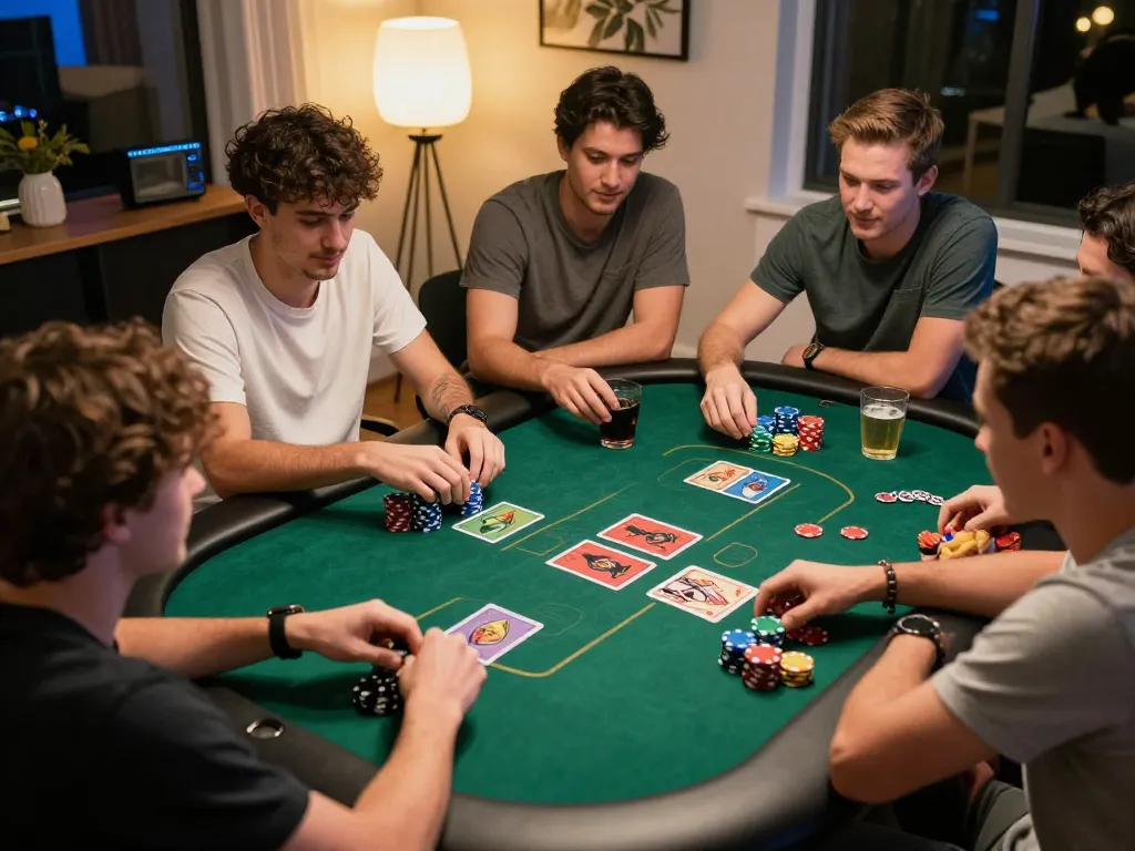 Engaging poker night scene showcasing friends playing at nhà cái bl555 with chips and cards