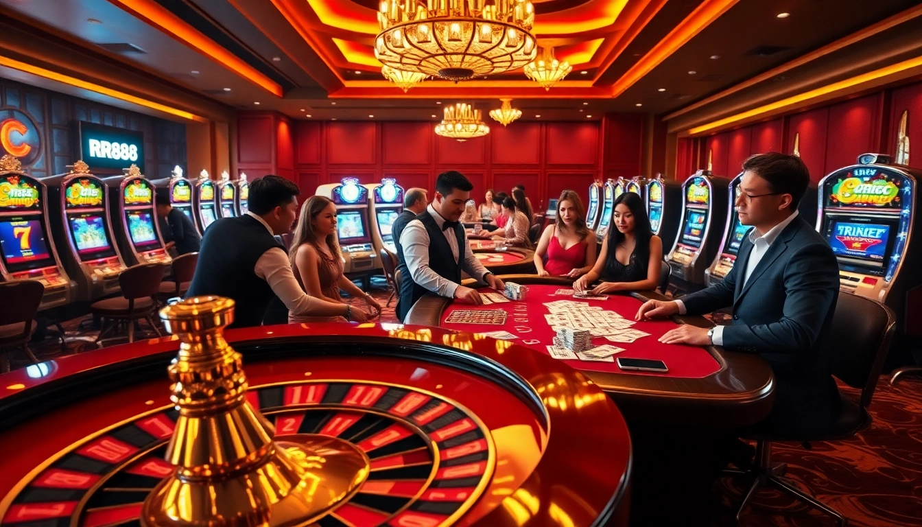 Players enjoying the thrilling atmosphere of RR88 with casino tables and slot machines.