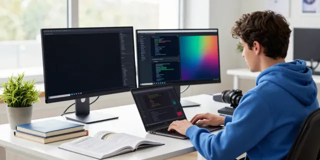 Instant indexing in a tech workspace with a developer coding and analyzing data.
