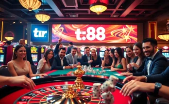 Excited players engaging in a thrilling game at tr88 casino with vibrant lights and poker chips.