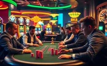 High-stakes poker action at BK8, showcasing a dynamic casino atmosphere with vibrant slot machines.