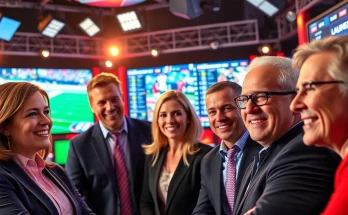 Captivating scene of Sports Broadcasting with broadcasters in a lively studio.