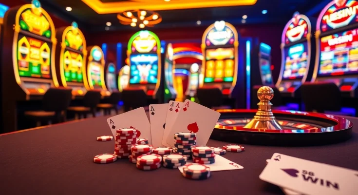 Experience the thrill of 58WIN with an elegant online casino scene featuring poker chips and vibrant slot machines.