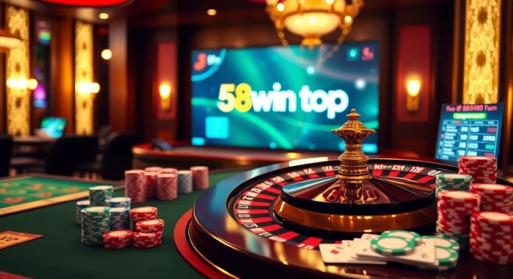 Engaging gambling scene featuring 58win top with roulette wheel, poker chips, and vibrant casino ambiance.