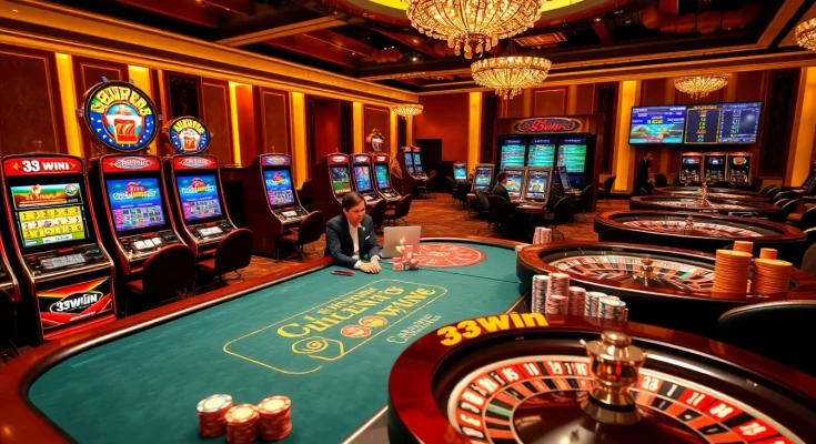 Experience luxury gaming at 33win with vibrant slot machines and roulette wheels.