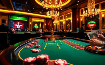 Experience the thrill of Hubet with a vibrant casino scene showcasing poker chips and roulette.