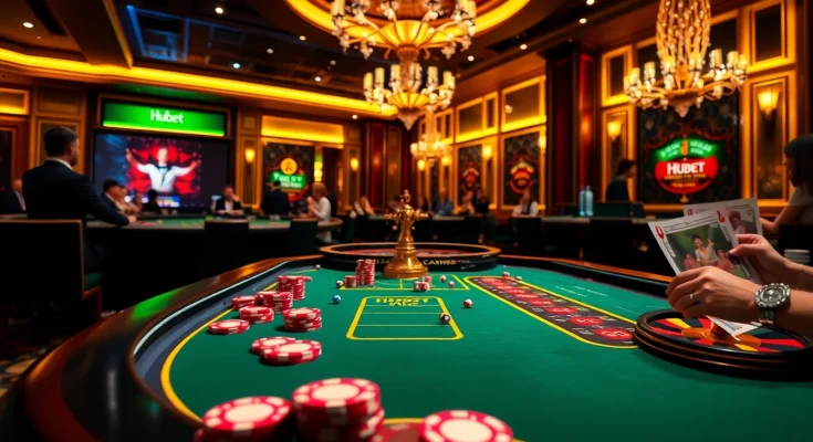 Experience the thrill of Hubet with a vibrant casino scene showcasing poker chips and roulette.