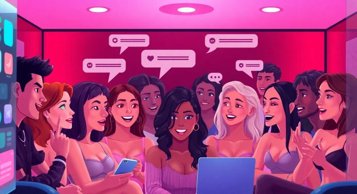Dynamic scene of engaging ai nsfw chat with diverse avatars in an immersive digital environment.