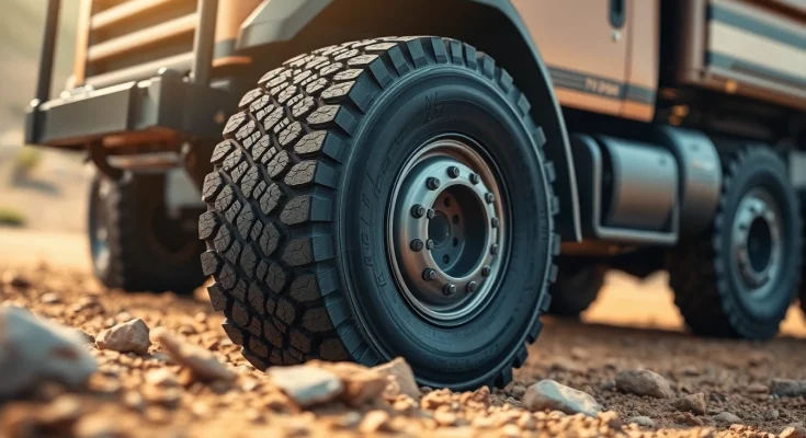 Close-up view of RR99 tire showcasing rugged tread design for on/off-road durability.