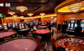 Experience thrilling gameplay at MM88's vibrant casino tables with excited players and iconic slot machines.