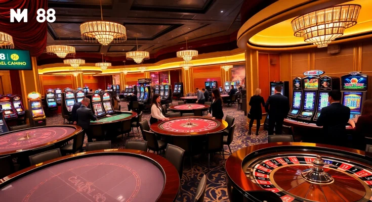 Experience thrilling gameplay at MM88's vibrant casino tables with excited players and iconic slot machines.