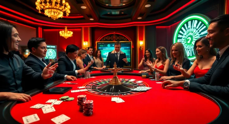 Excited players enjoying a thrilling game at open88 casino with vibrant poker chips and cards.