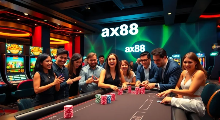 A diverse group of gamblers enjoying the vibrant casino atmosphere with the ax88 branding prominently featured.