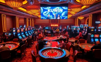 KUWIN casino atmosphere with vibrant games, patrons engaging, and luxury gaming elements.