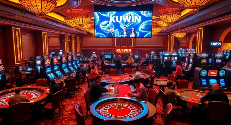 KUWIN casino atmosphere with vibrant games, patrons engaging, and luxury gaming elements.