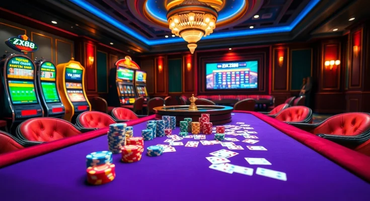 Players enjoy the excitement of ZX88 at a luxurious casino table, showcasing cards and chips.