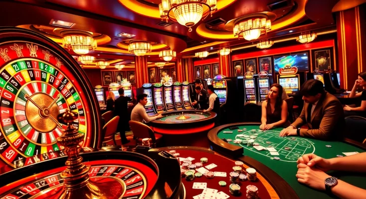 Gamble at exciting tables with https://8day-vn.jpn.com/, showcasing vibrant roulette wheels and slot machines.
