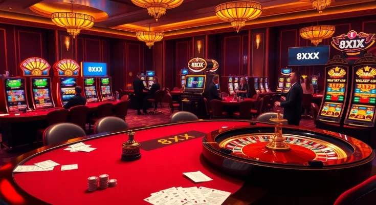 Experience the thrill of 8XX casino gaming with an inviting poker table and vibrant slot machines.