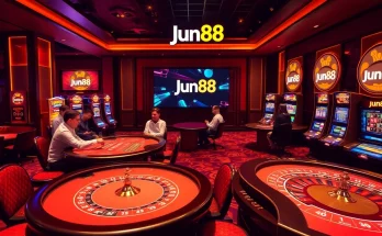 Exciting Jun88 casino scene with poker tables and vibrant slot machines in a luxurious setting.