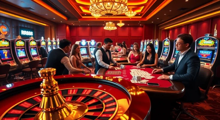 Players enjoying the thrilling atmosphere of RR88 with casino tables and slot machines.