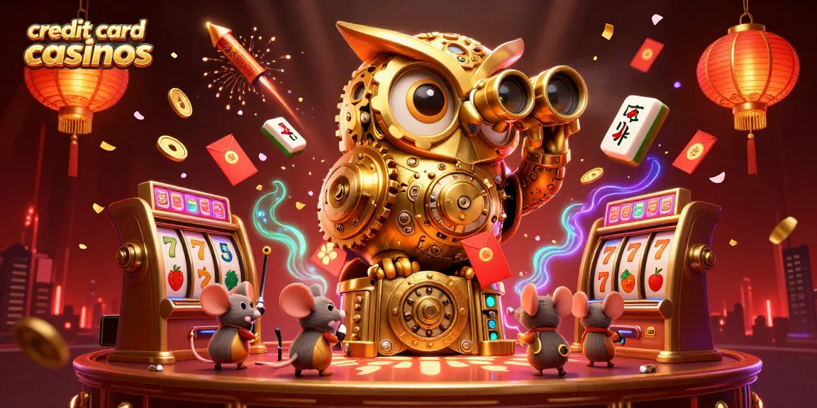Engage in thrilling credit card casinos gameplay with cartoon owl and mice amidst vibrant slot machines.
