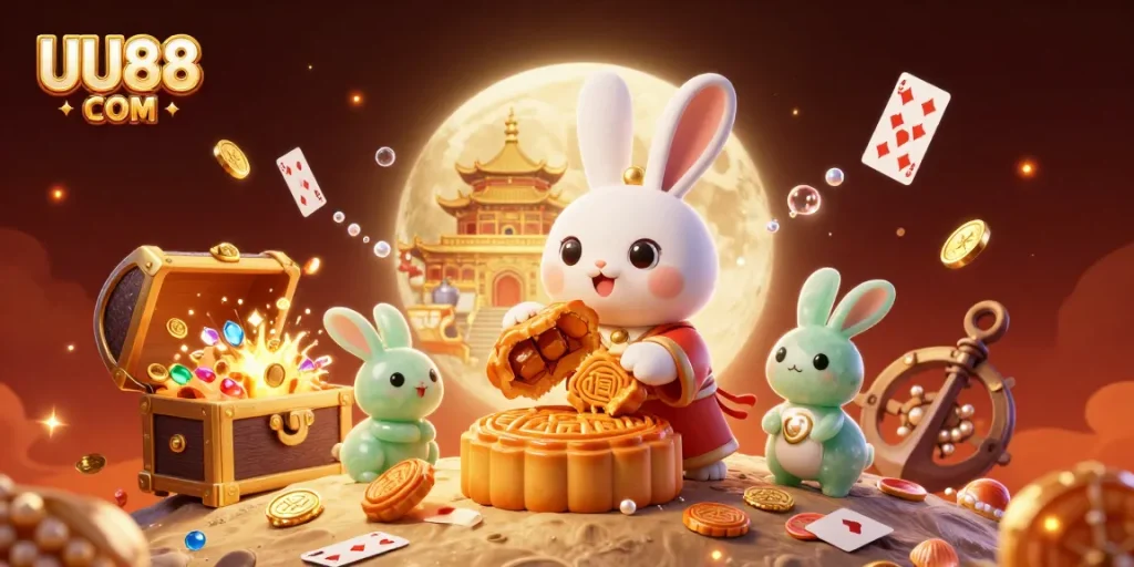 Experience thrilling gaming at UU88 COM with vibrant moon rabbits and poker chip treasures.