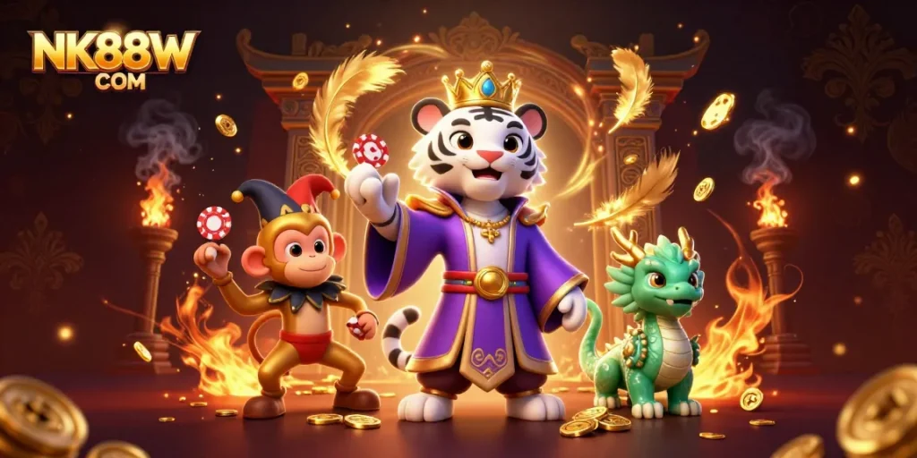 Engage in thrilling games at NK88W COM with a vibrant illustration of an exciting casino scene featuring a royal tiger.