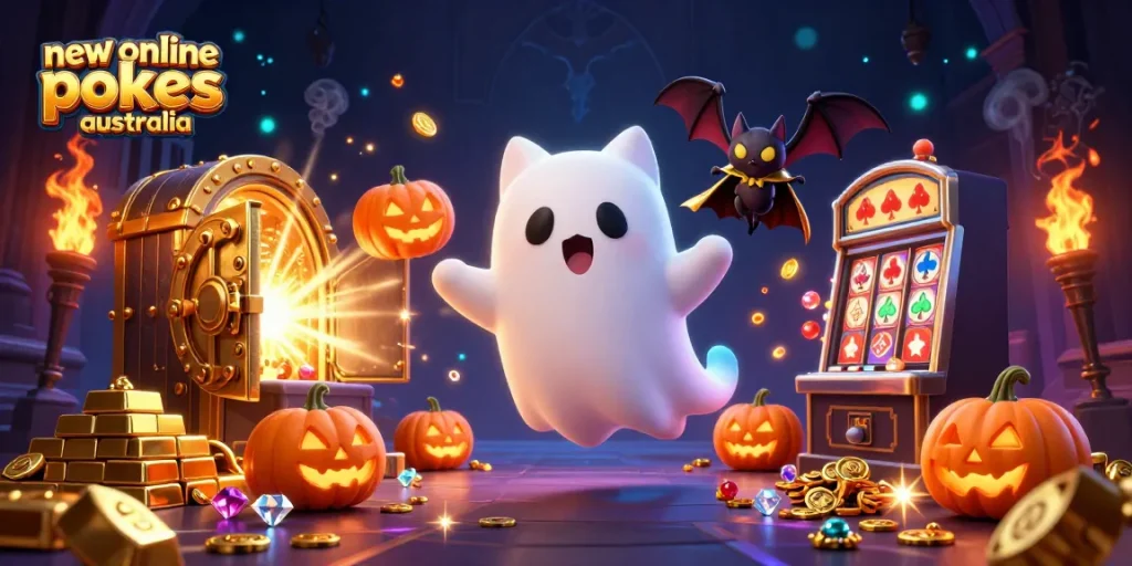 Spin new online pokies Australia in a vibrant 3D scene with glowing jack-o-lanterns and sparkling treasures.