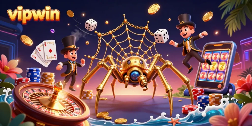Experience exciting gameplay at vipwin with rich golden visuals and playful 3D elements.