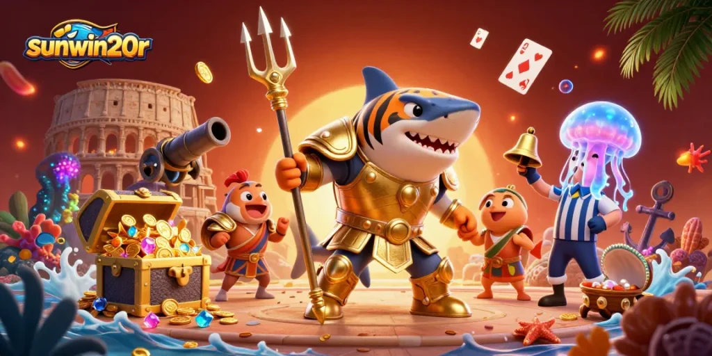 Experience the thrill of sunwin20r in an underwater casino with a golden shark and dynamic gaming elements.