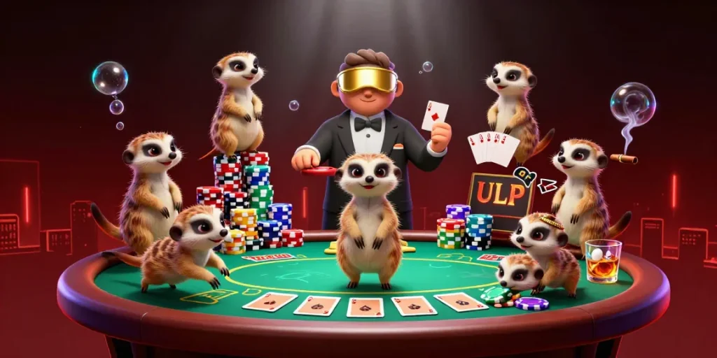 Go88 meerkats running a vibrant casino operation with poker elements and colorful chips.